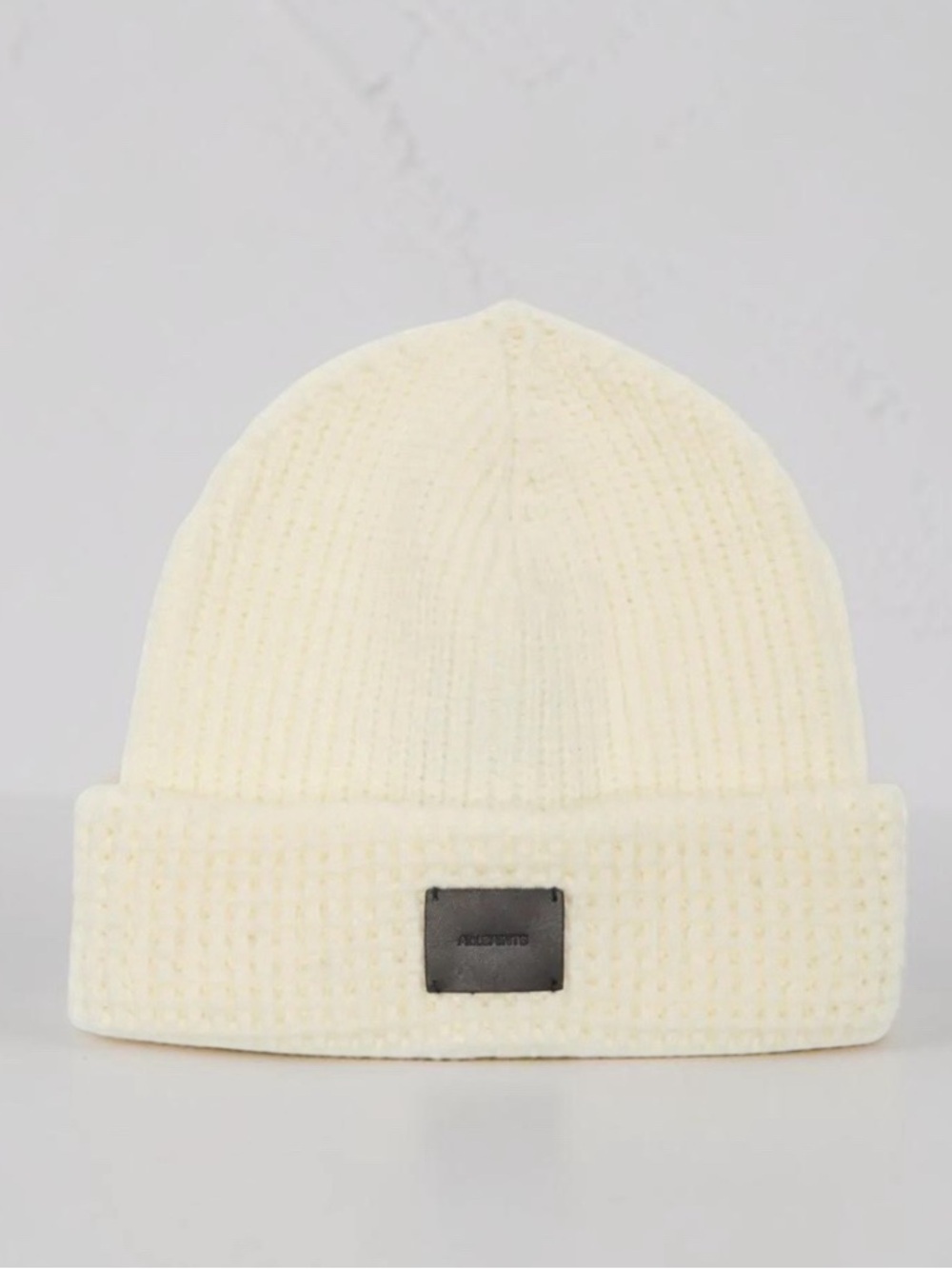 AllSaints Angled Stitch Beanie Ivory Cream Knit Hat Leather Logo Patch NWT